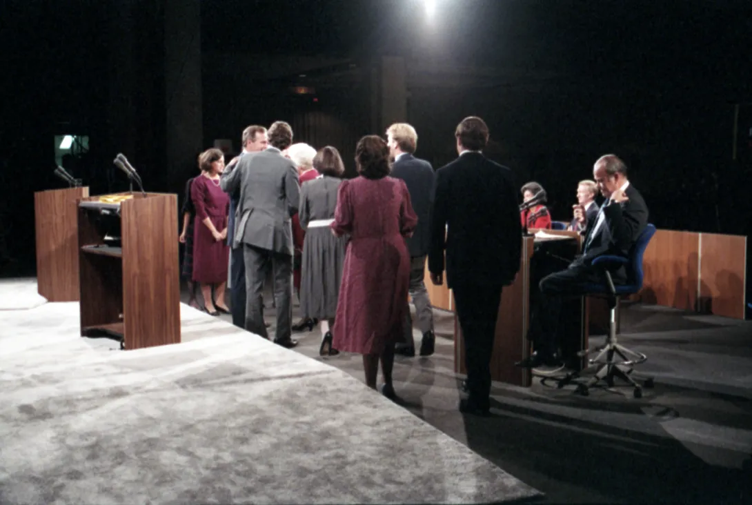 Vice President Bush, Vice Presidential Candidate Geraldine Ferraro, and their families greet each other following the 1984 Vice Presidential Debate in Philadelphia, Pennsylvania