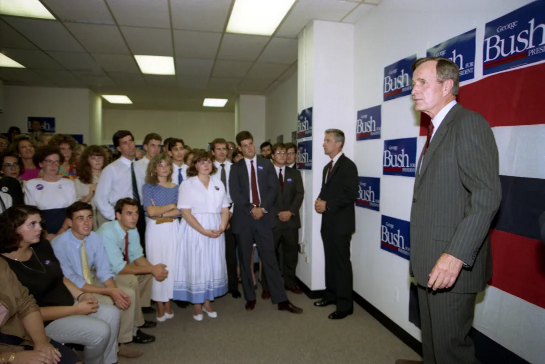 Vice President Bush speaks at a "George Bush for President" meeting at campaign headquarters in Washington, DC