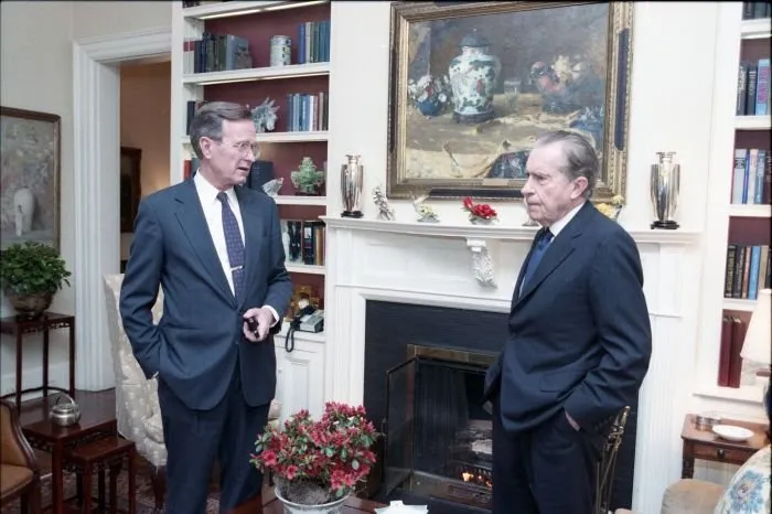 Vice President Bush meets with former President Richard Nixon at the VP Residence